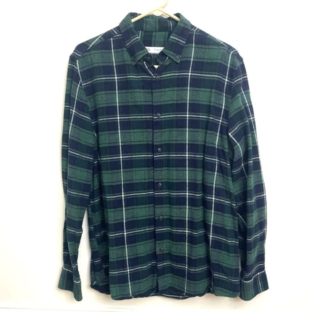 Zara Flannel Shirt Men's L Blue Green Plaid‎ L/S Button Down Casual Preppy